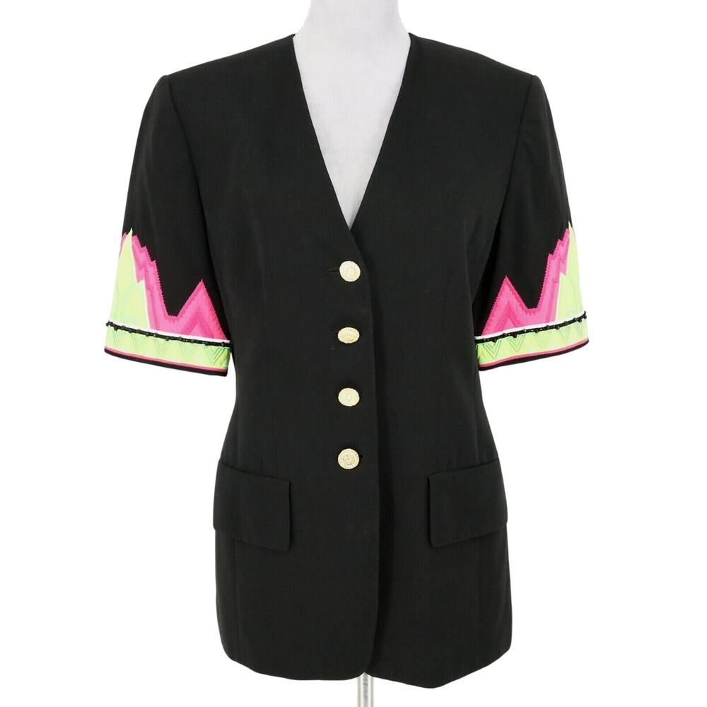 Louis Feraud Jacket Womens 8 Black Green Pink Sleeve Trim Lined Career Vintage